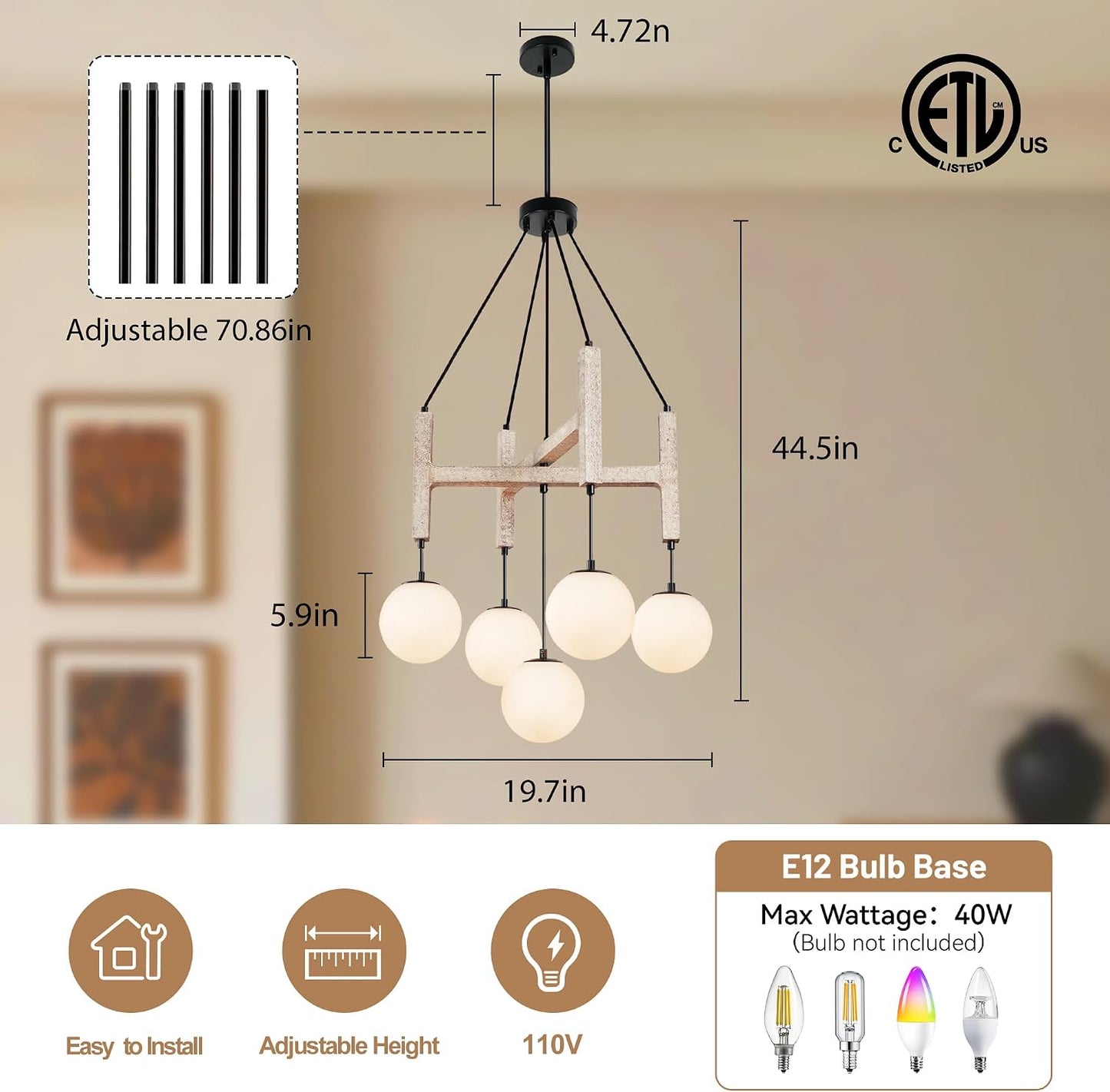 Lámpara colgante de madera 5 luces globo vidrio blanco rústica