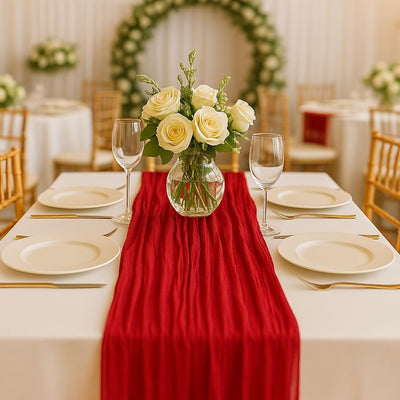 Paquete de 3 caminos de mesa de gasa roja rústico bohemio para boda y fiestas