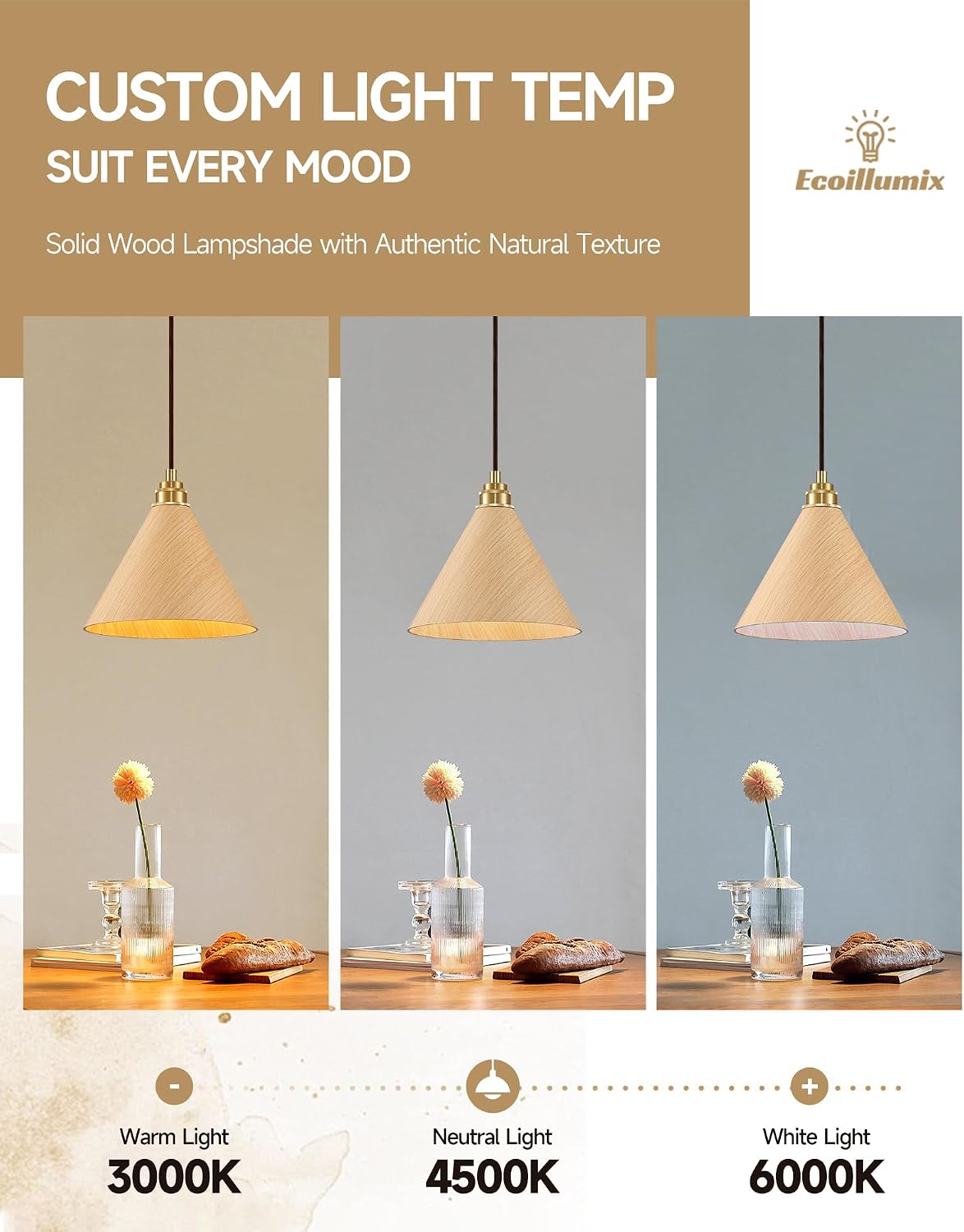 Luces colgantes madera isla cocina 8.3pulg ajustable dorada