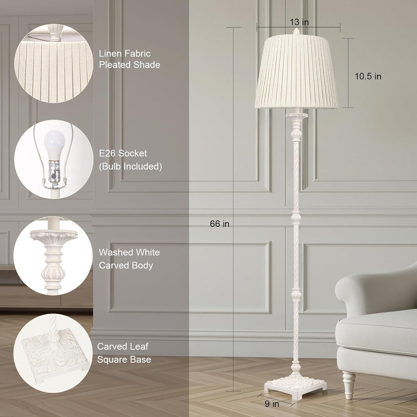 Lámpara pie vintage LED regulable 3 vías 66pulg dormitorio