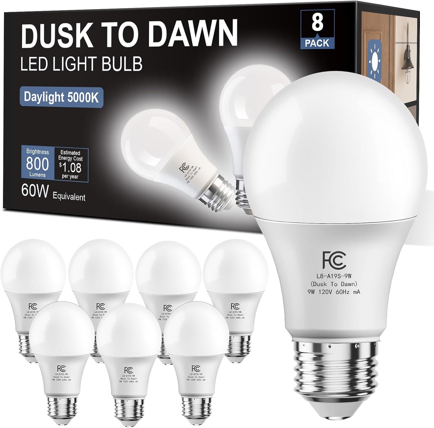 Set 8 Bombillas A19 Exterior Sensor Luz Nocturna