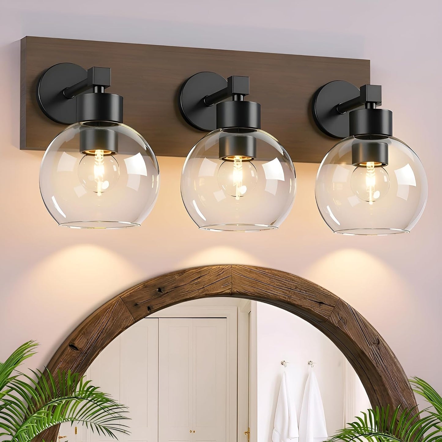 Lámpara tocador baño madera negra 3 luces vidrio