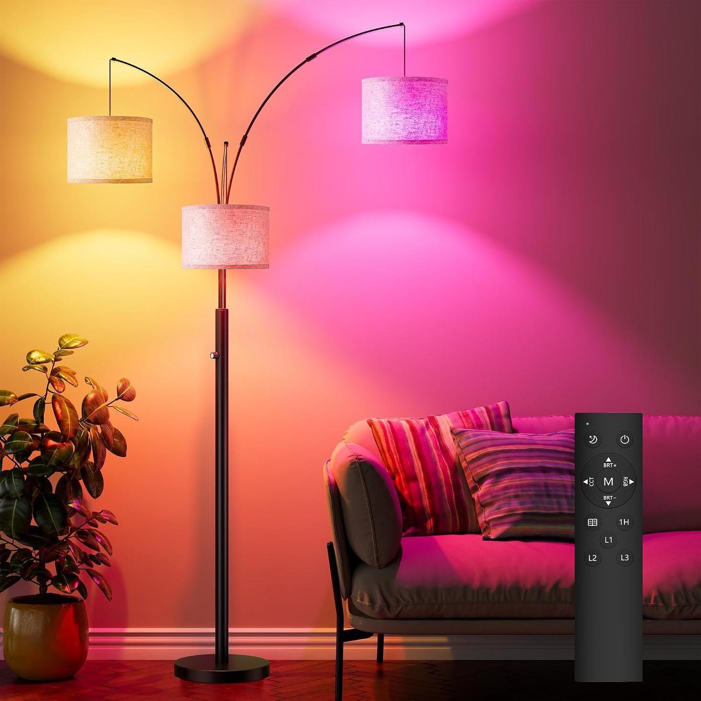 Lámpara pie RGBW 3 luces sala moderna ajustable control remoto