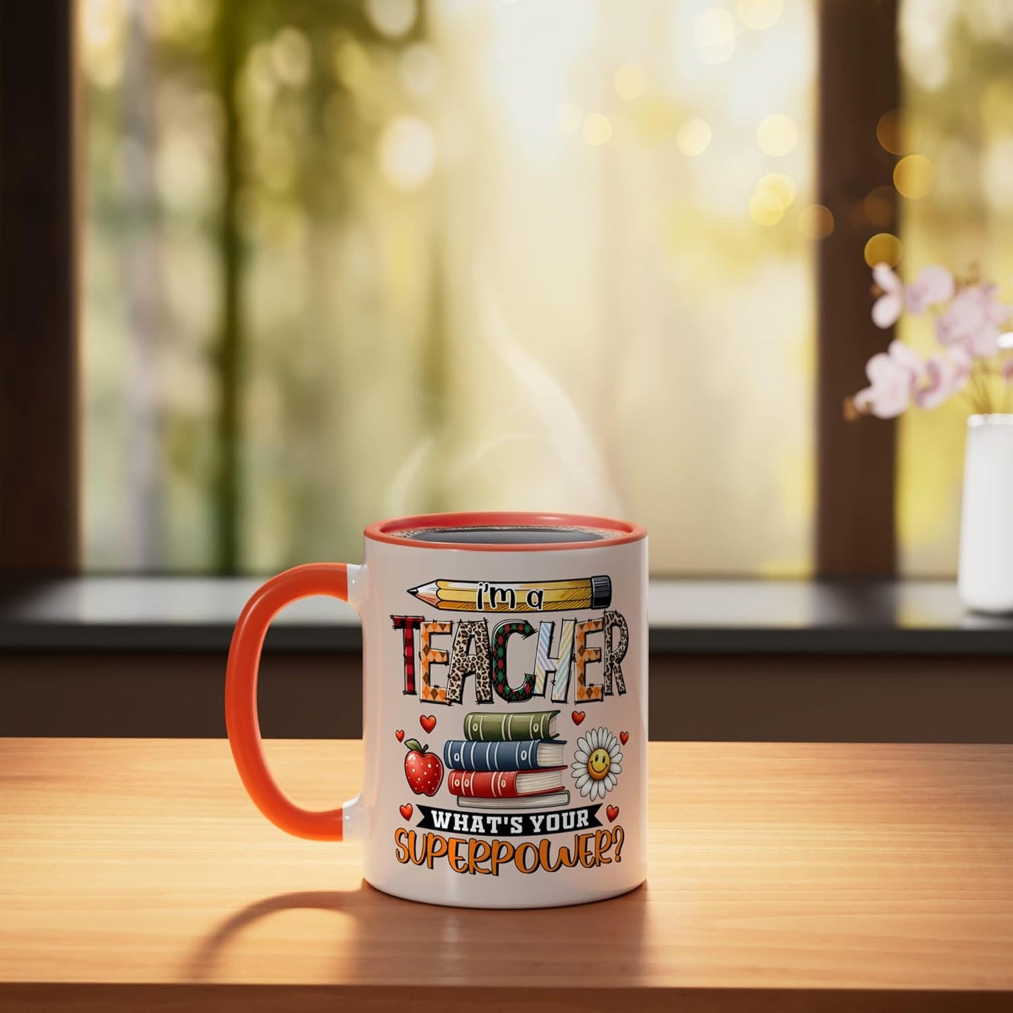 Taza de cerámica con diseño 'I'm a Teacher What's Your Superpower' en naranja/blanco