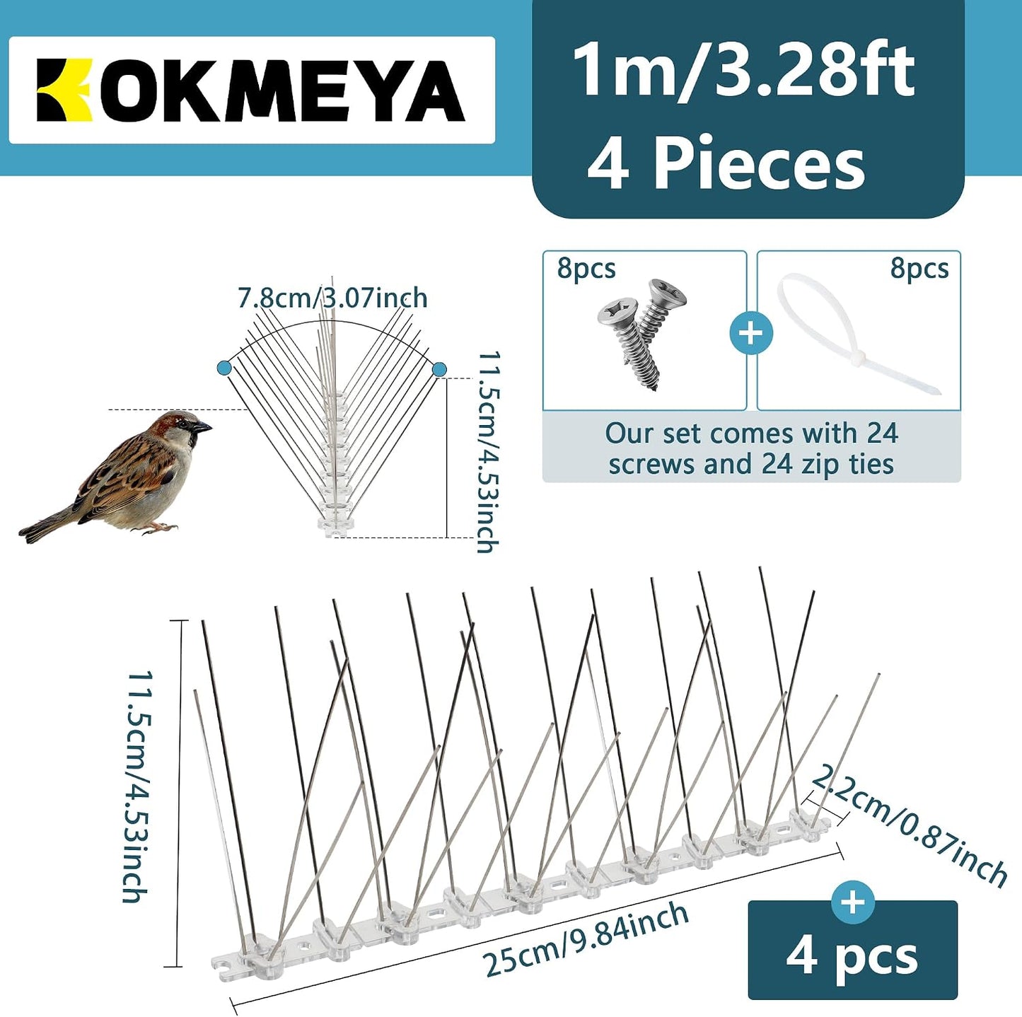Púas pájaro 3.28ft acero inox 304 base plástico jardín 4 pzas