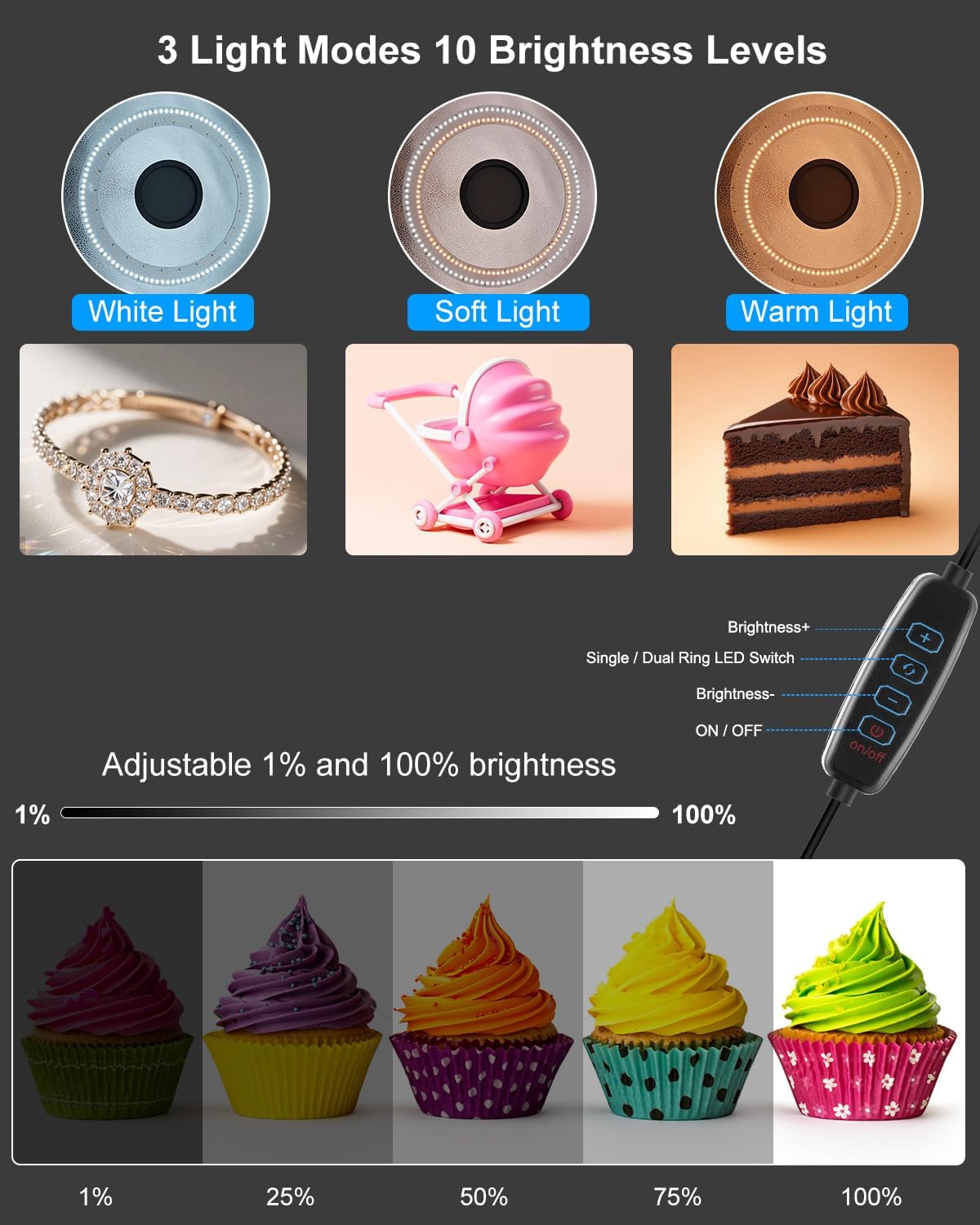 Caja luz plegable 40cm anillo LED 160 luces USB con 12 fondos