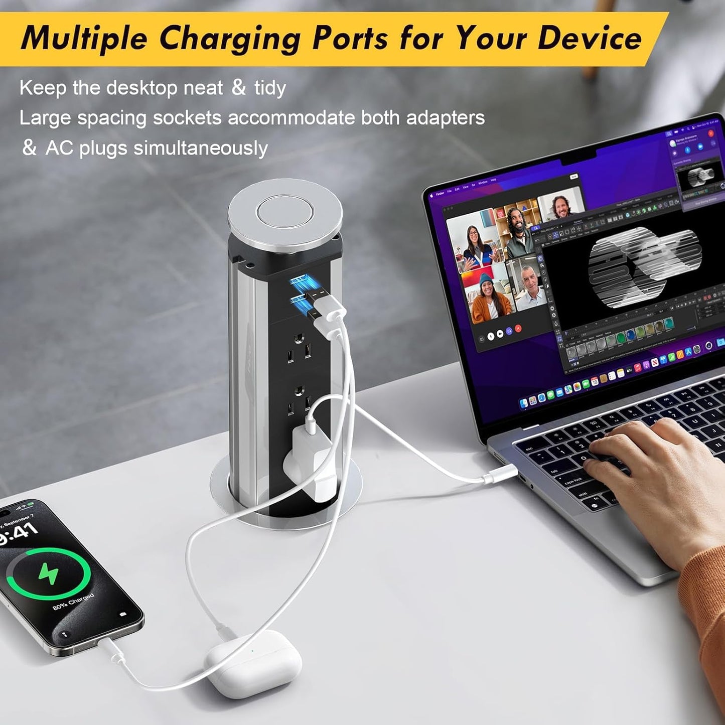 Toma corriente desplegable encimera con 3 salidas CA y 2 USB