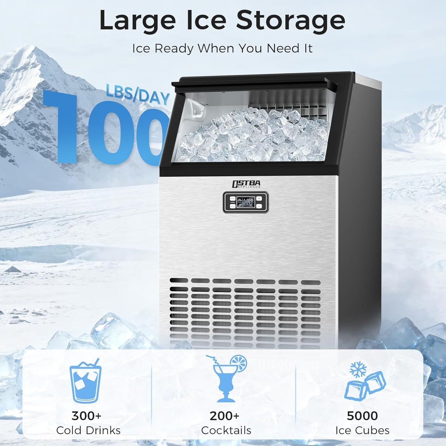 Máquina hielo comercial acero inox 100lb/24h con pantalla LCD