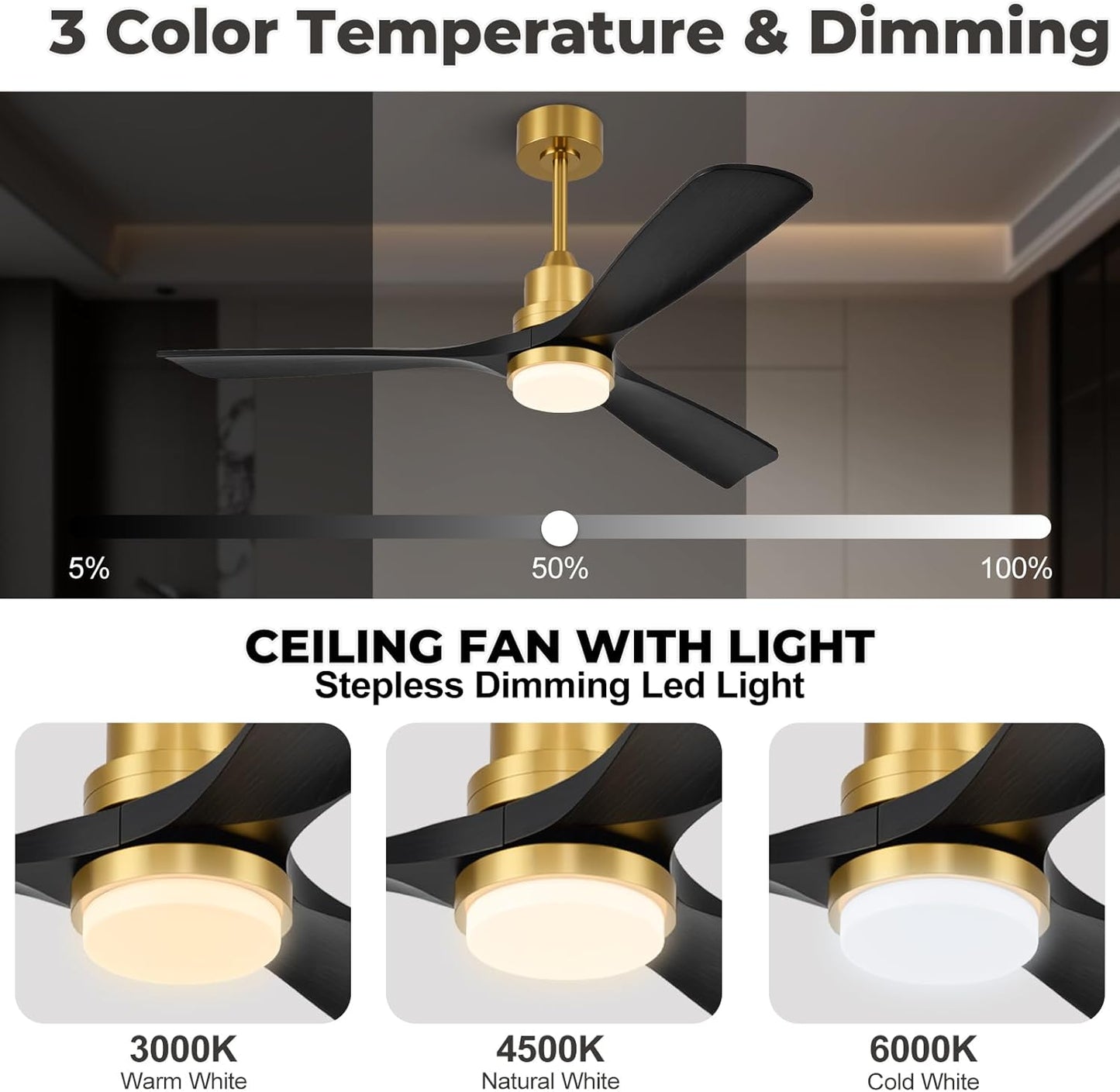 Ventilador techo 52pulg 3 aspas madera luces comp Alexa