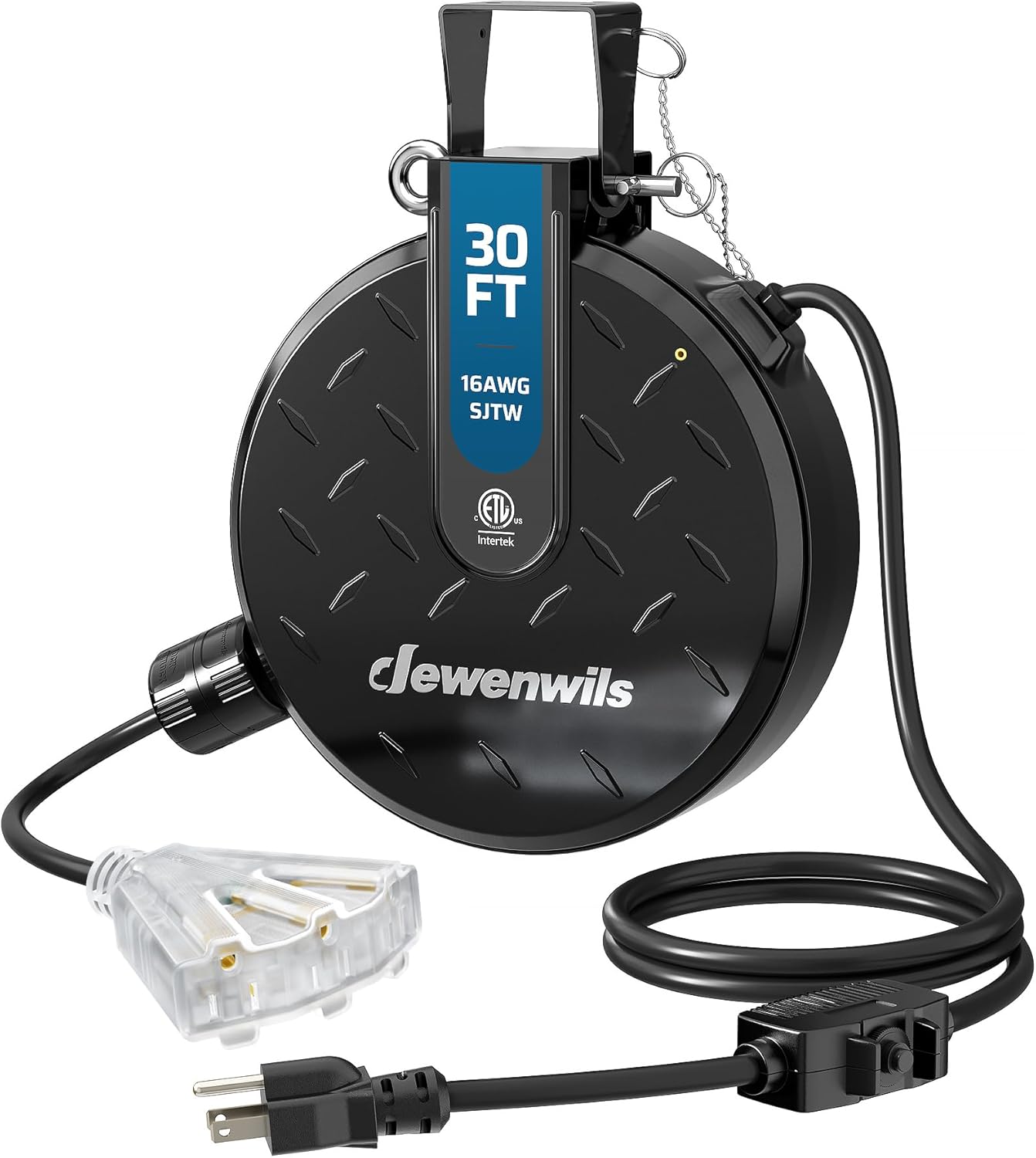 Carrete cable extensión retráctil 30ft 3 salidas iluminadas