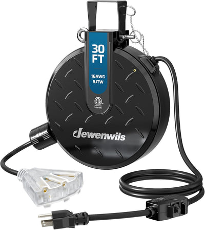 Carrete cable extensión retráctil 30ft 3 salidas iluminadas