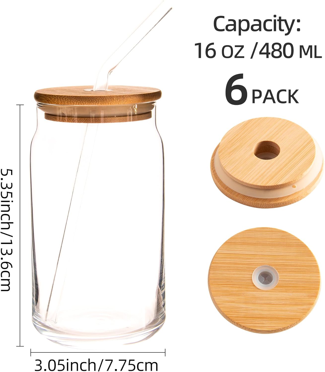 6 Vasos Vidrio con Tapas Bambú y Popote 16oz para Cafetería Hogar