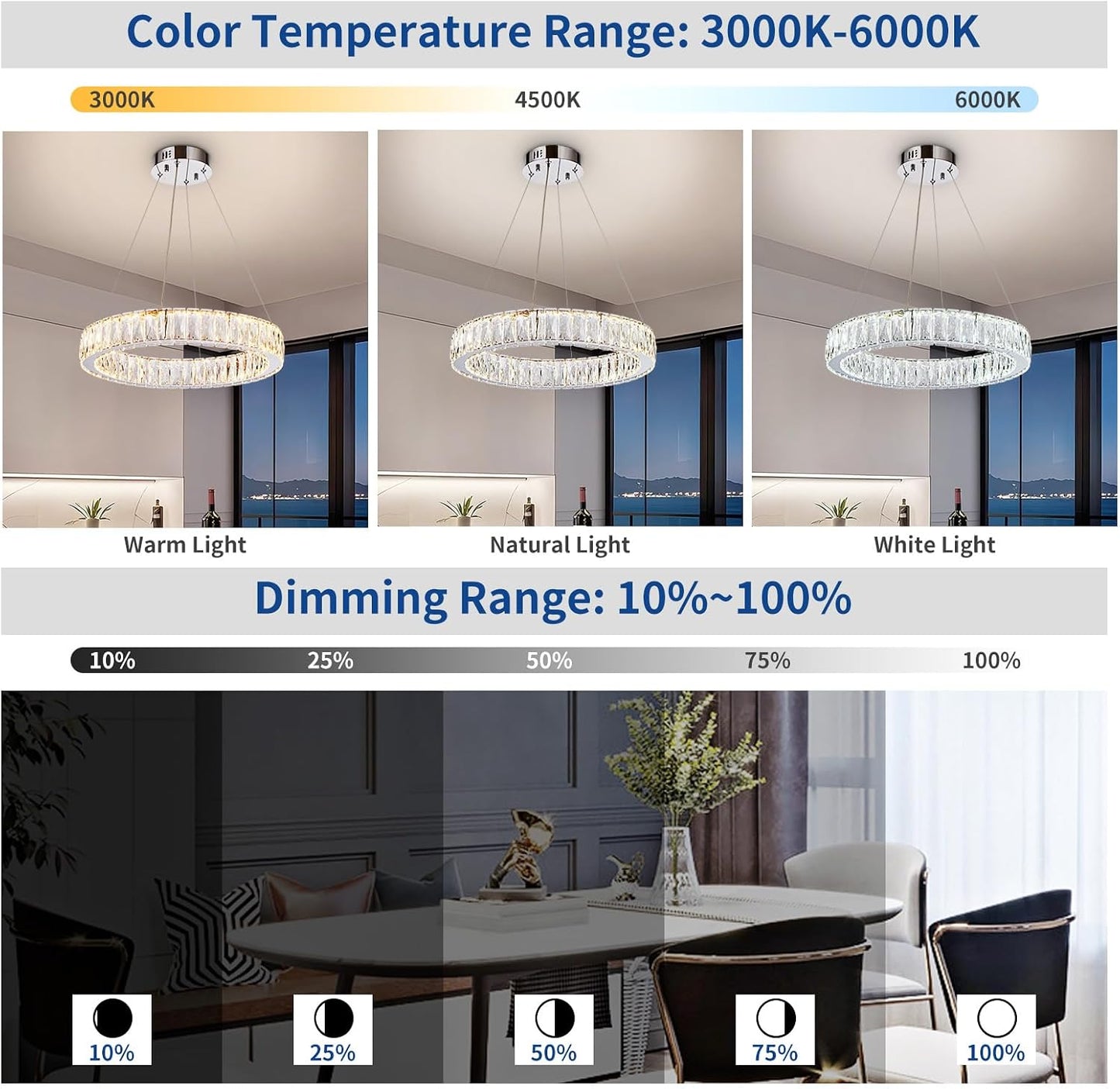 Candelabro LED cristal anillo 19.7pulg regulable