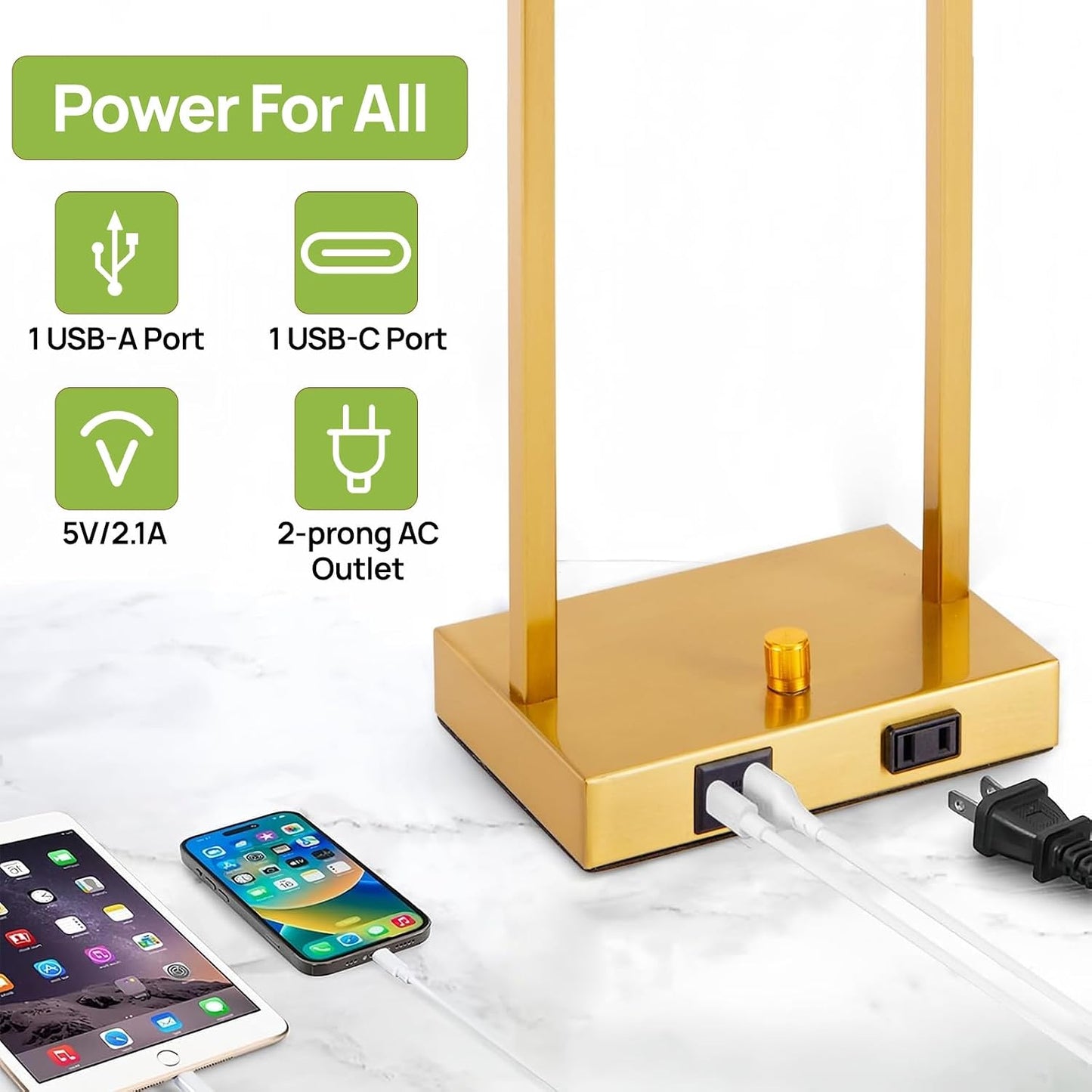2 Pzas Lámpara Mesa Industrial con Puertos USB Dorada