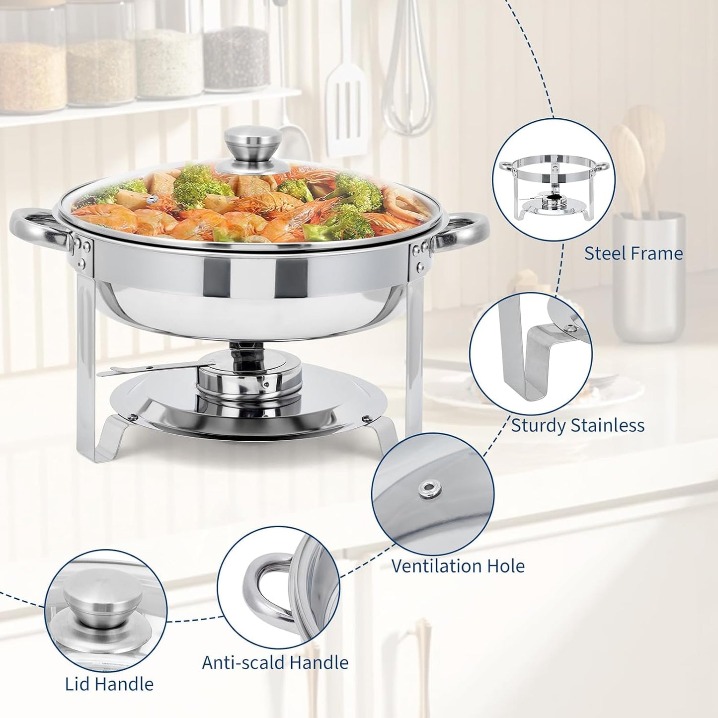 Set 2 Platos Acero Inox 5qt Con Tapa Vidrio Bufé Catering