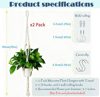 2 Perchas Macramé 35pulg con 4 Ganchos para Macetas Colgantes
