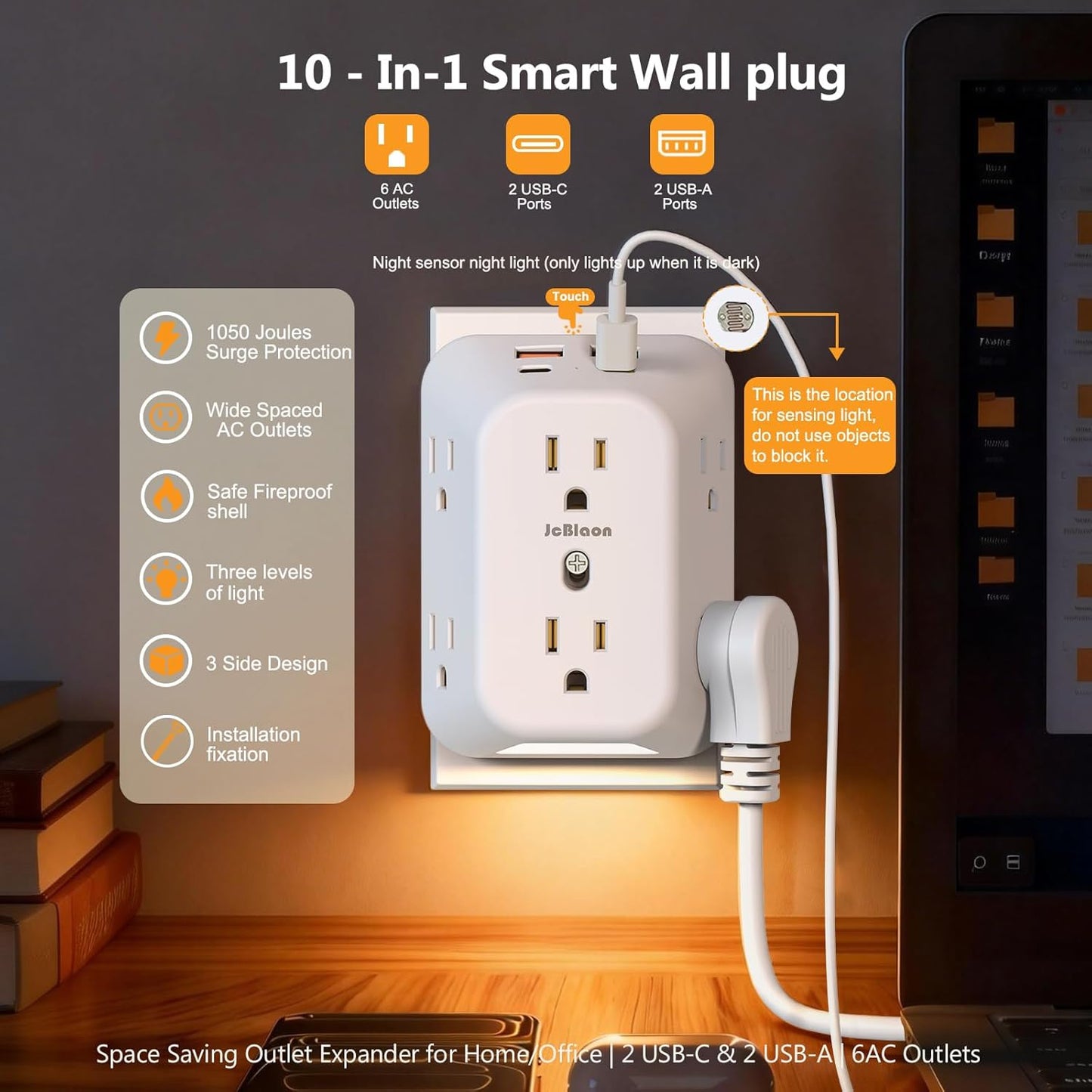Extensor corriente 6 salidas con USB C y luz nocturna