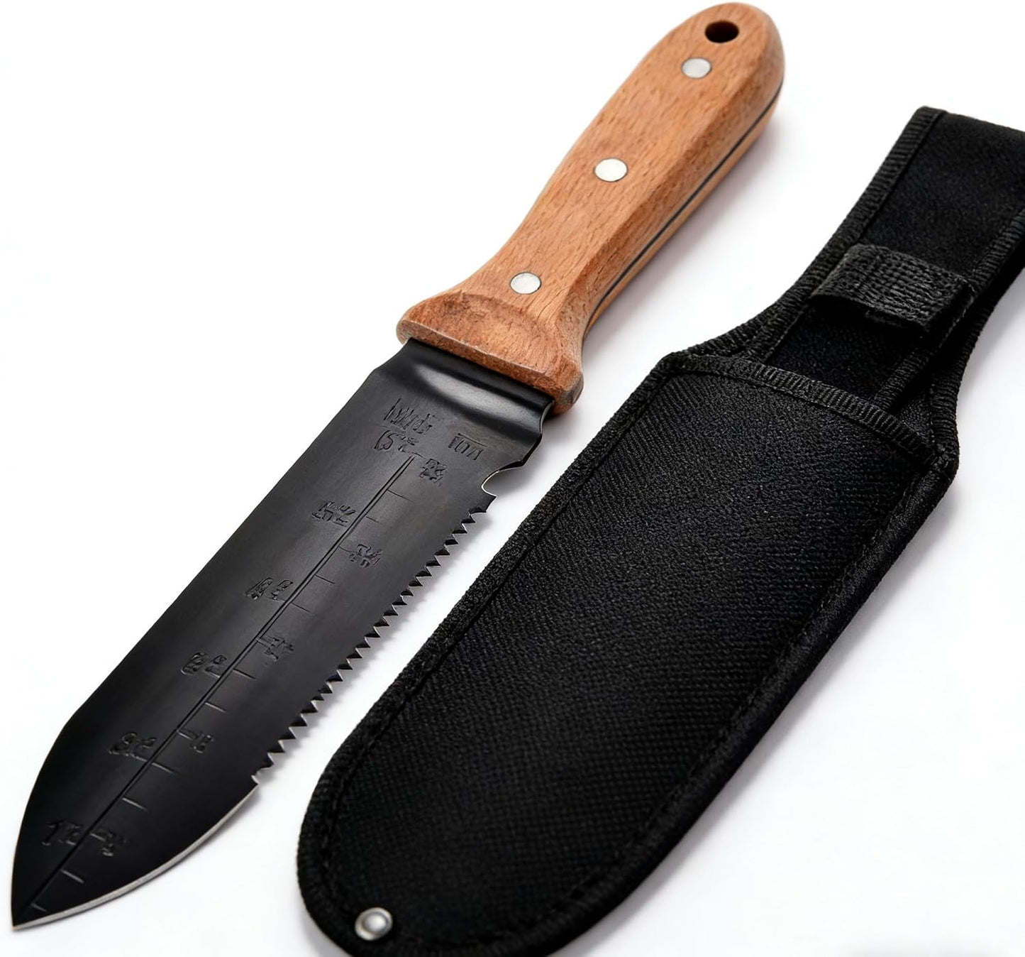 Cuchillo jardín acero inox 7pulg mango madera funda Oxford