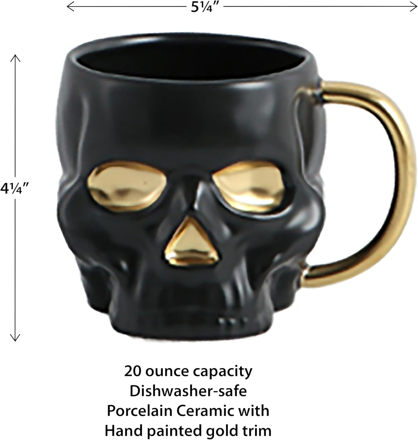 Taza grande de cerámica con diseño de calavera negra y ribete dorado