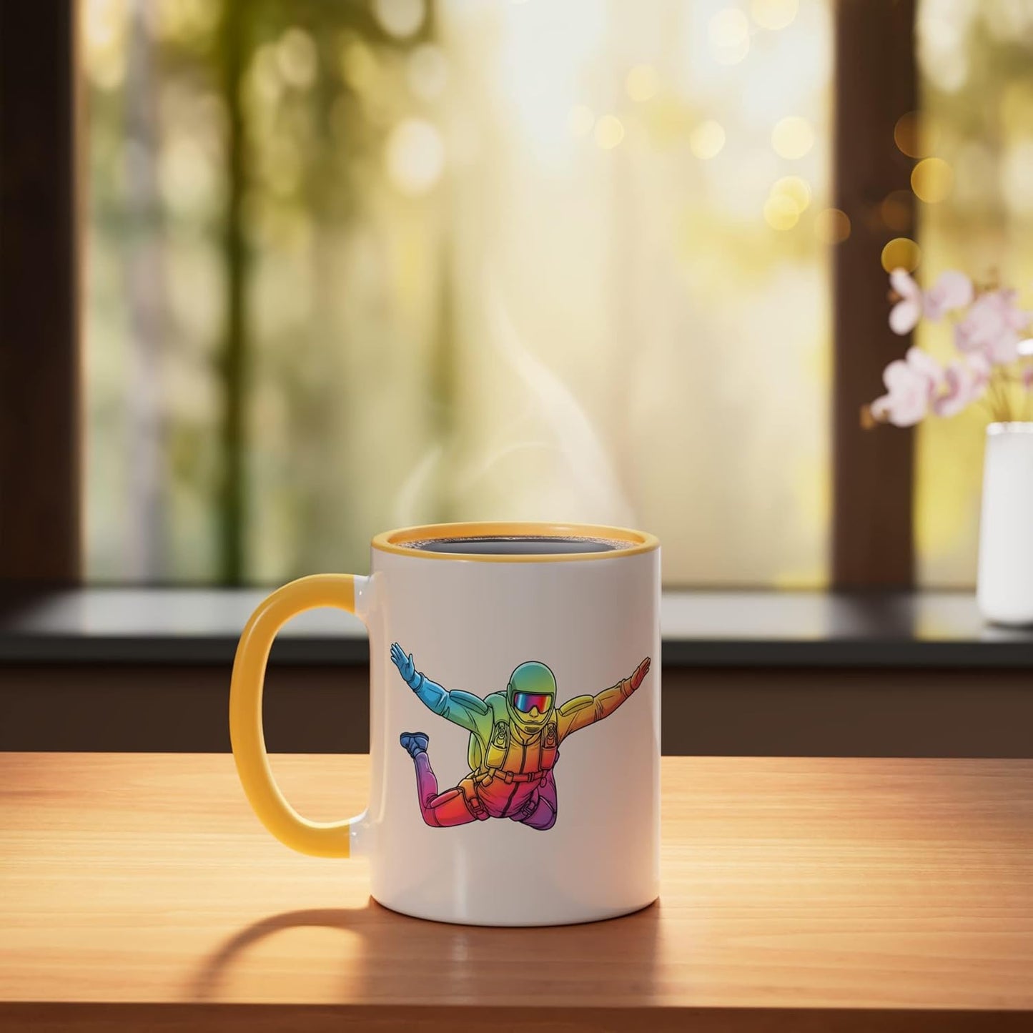 Taza de cerámica paracaidismo arte skydive amarillo/blanco