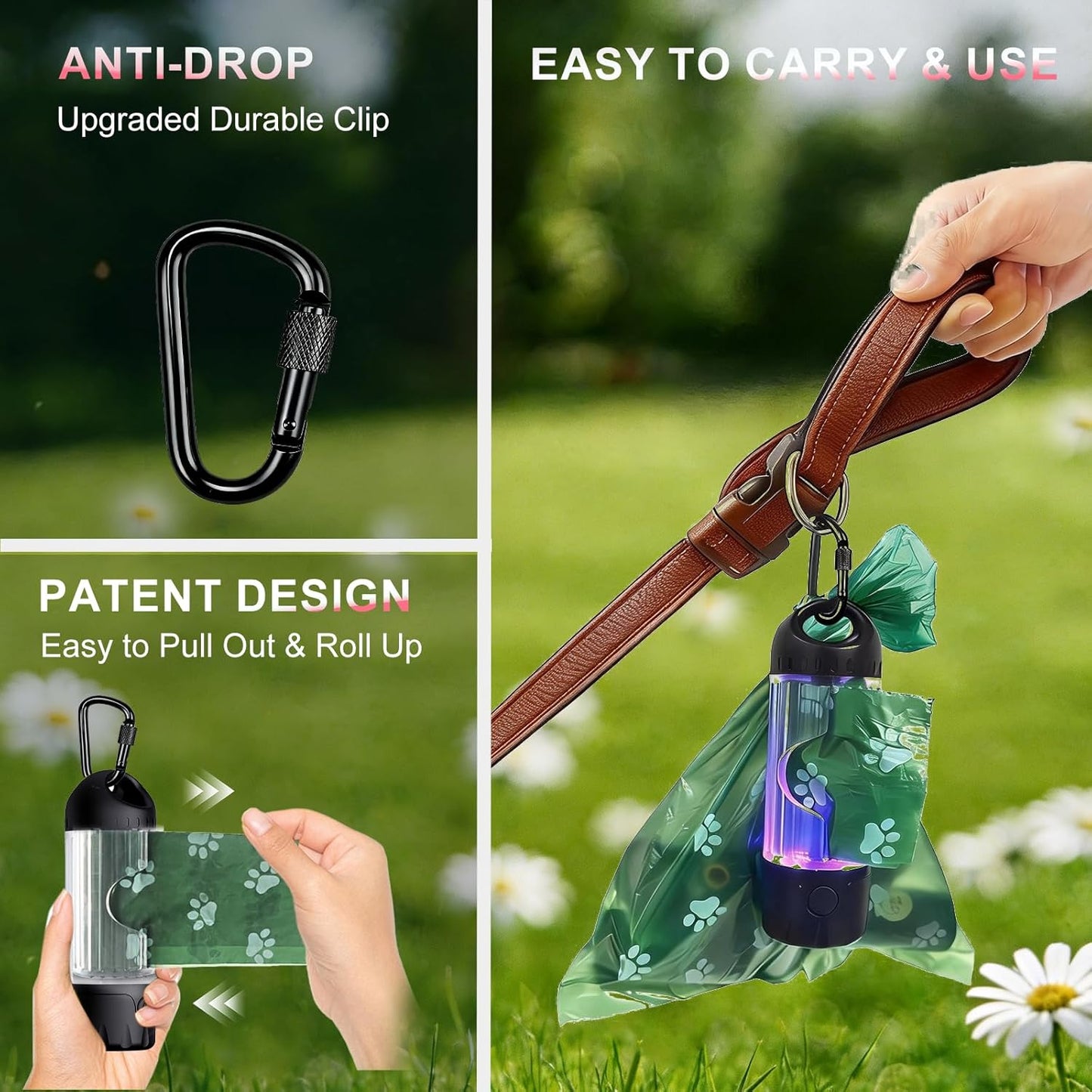 Soporte bolsas excremento perro con linterna 7 colores USB-C IPX6