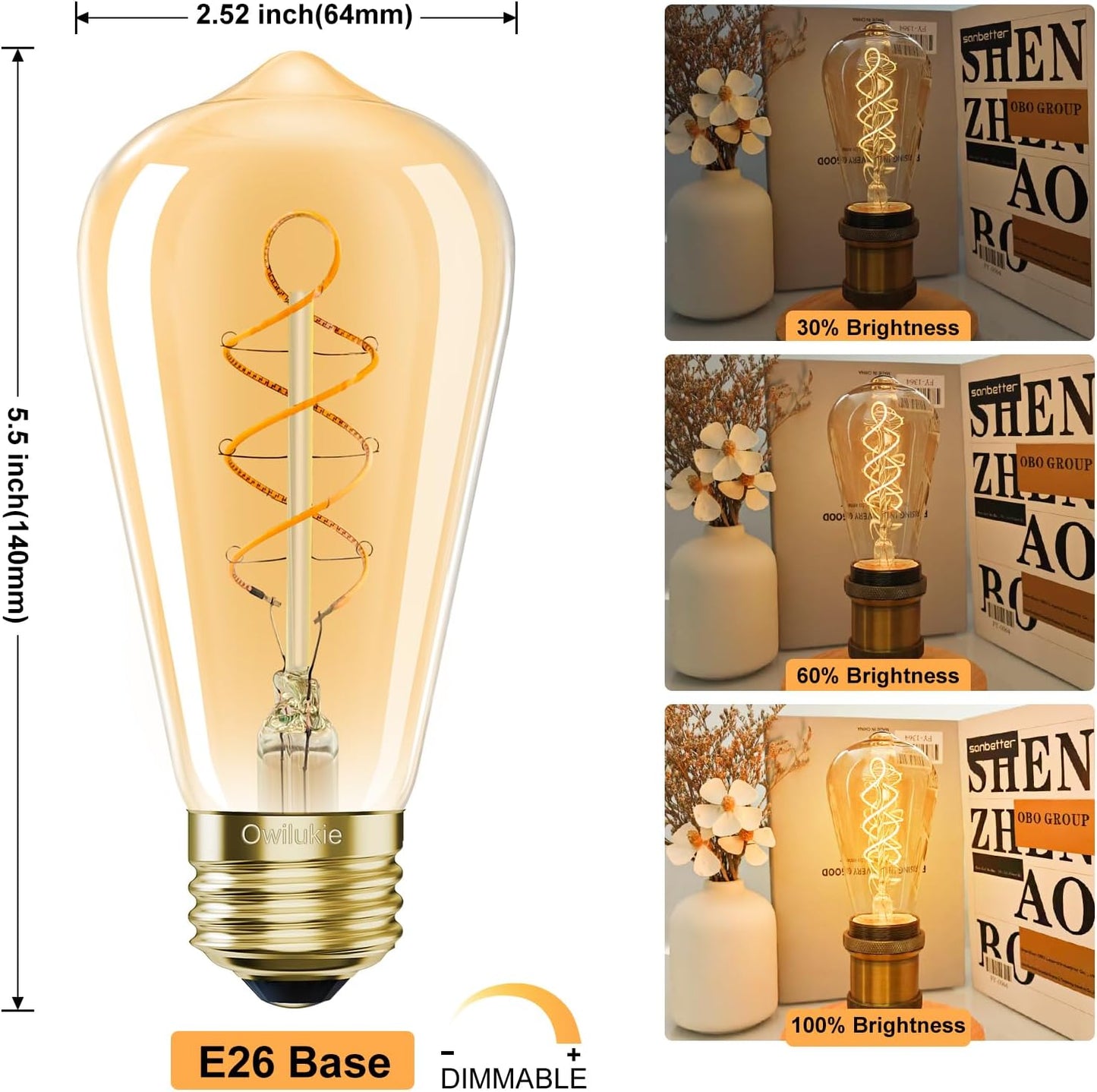 Bombilla LED Edison E26 vintage 6W 2200K luz cálida pack 2