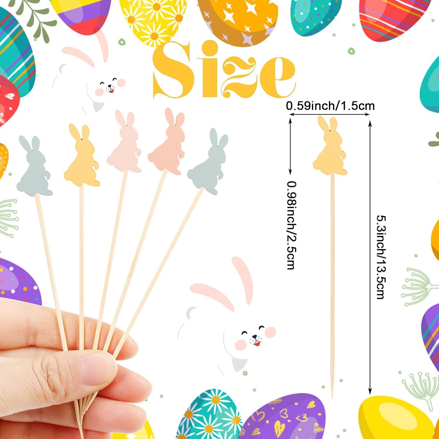 120 Palillos Bambú Conejo Pascua Coloridos para Aperitivos
