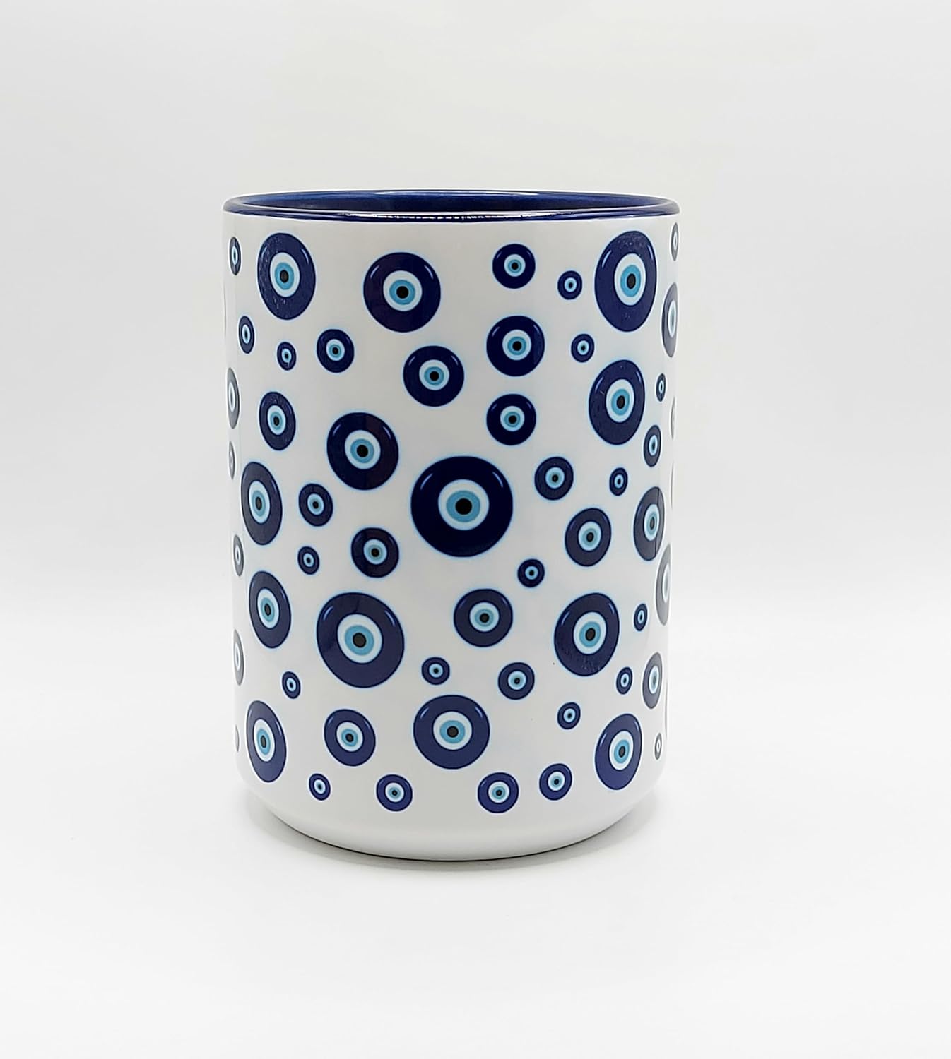 Taza de café Mugzan con patrón mal de ojo cerámica 15 oz mango azul