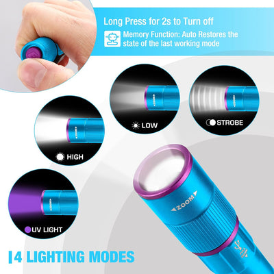 Linterna recargable UV y blanca 395 nm con clip 4 modos USB C