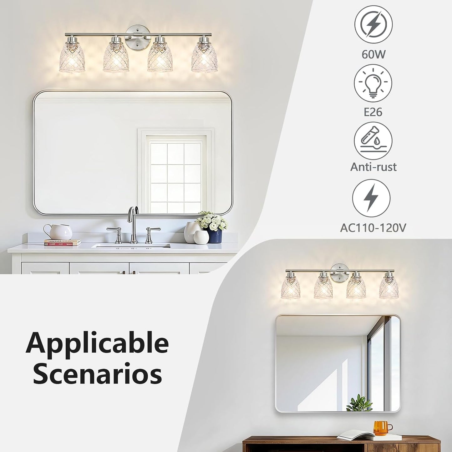 Lámpara baño 4 luces níquel cepillado vidrio martillado