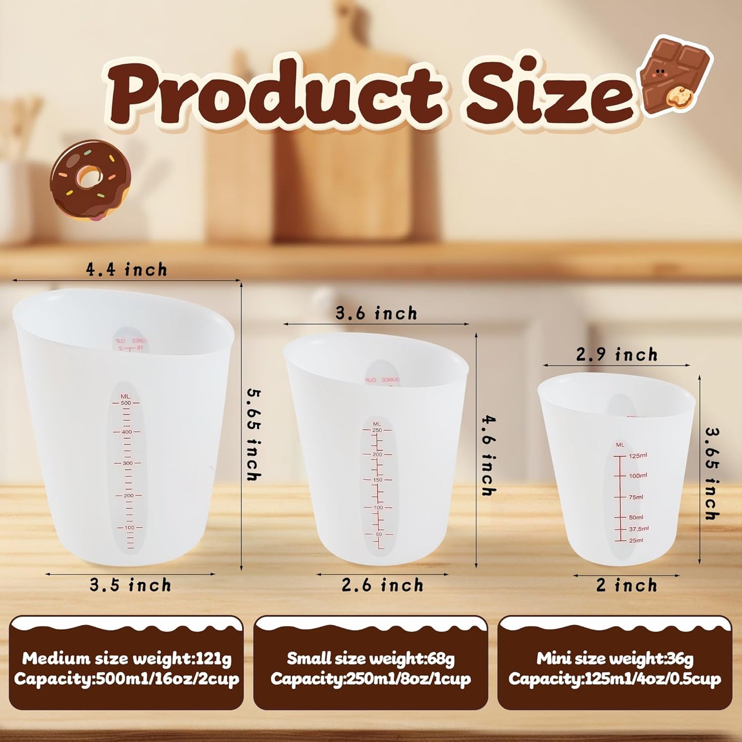 Tazas medidoras silicona sin BPA 1/2-2 tazas reutilizables