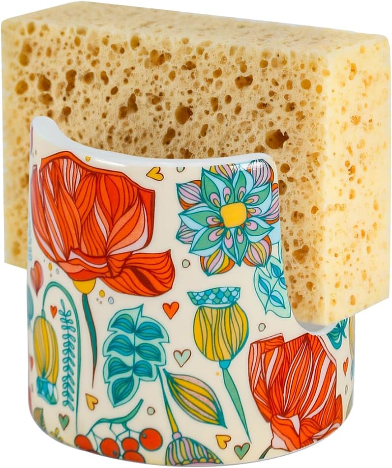 Soporte de esponja para fregadero de cocina y baño con flor roja