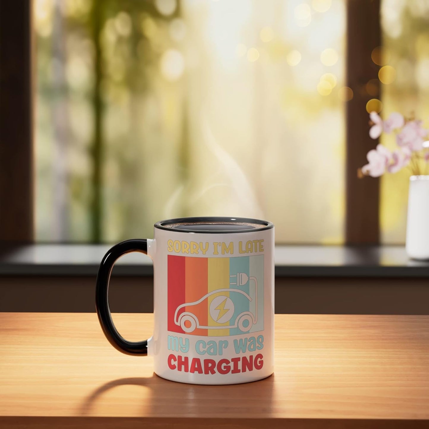 Taza de cerámica para entusiasta de coches eléctricos E-Car negra/blanca