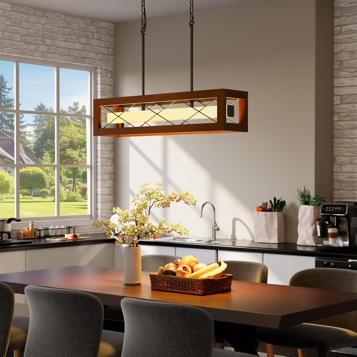 Lámpara isla cocina 31.5pulg madera rústica LED regulable