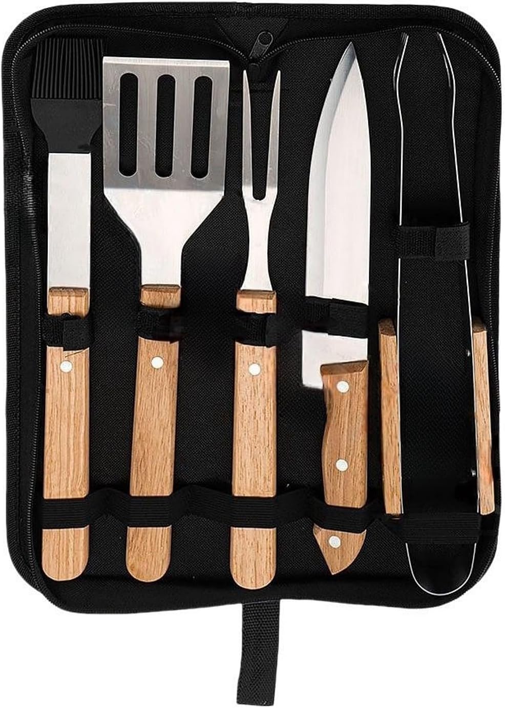 Juego herramientas parrilla acero inox asas madera