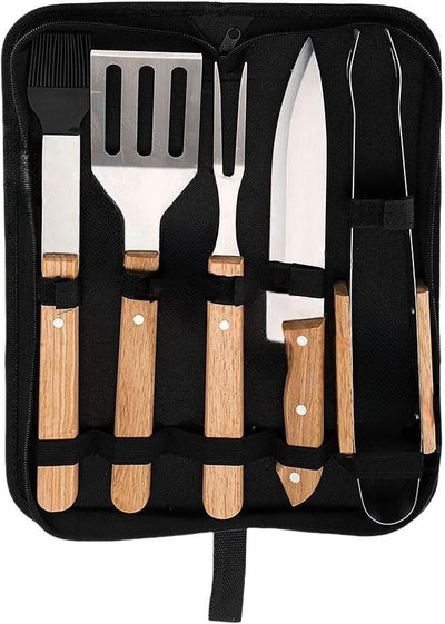 Juego herramientas parrilla acero inox asas madera