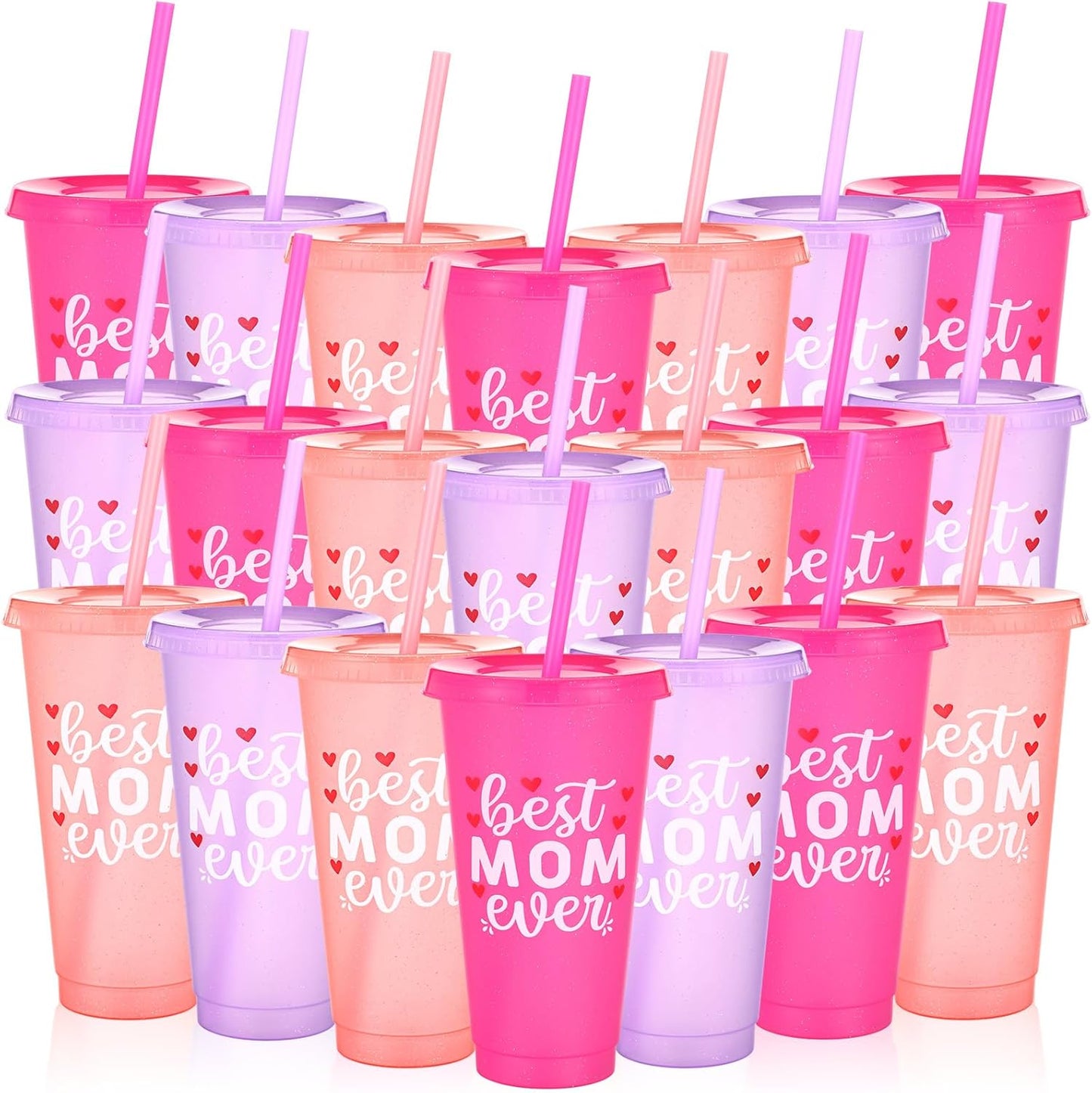 72 Tazas Regalo Mamá 24oz Reutilizables Plástico Pajita Tapas