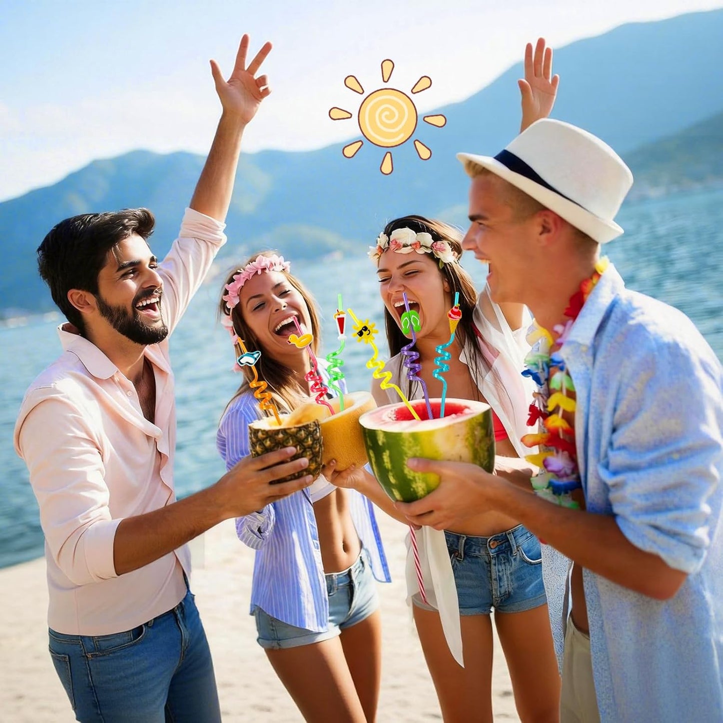 24 Popotes Hawaiano Reutilizable Plástico Temática Luau