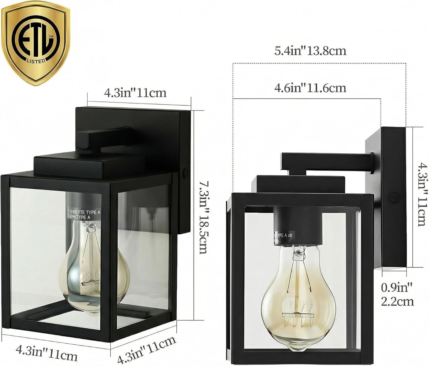 Aplique pared exterior 7pulg 1 luz negro mate metal vidrio