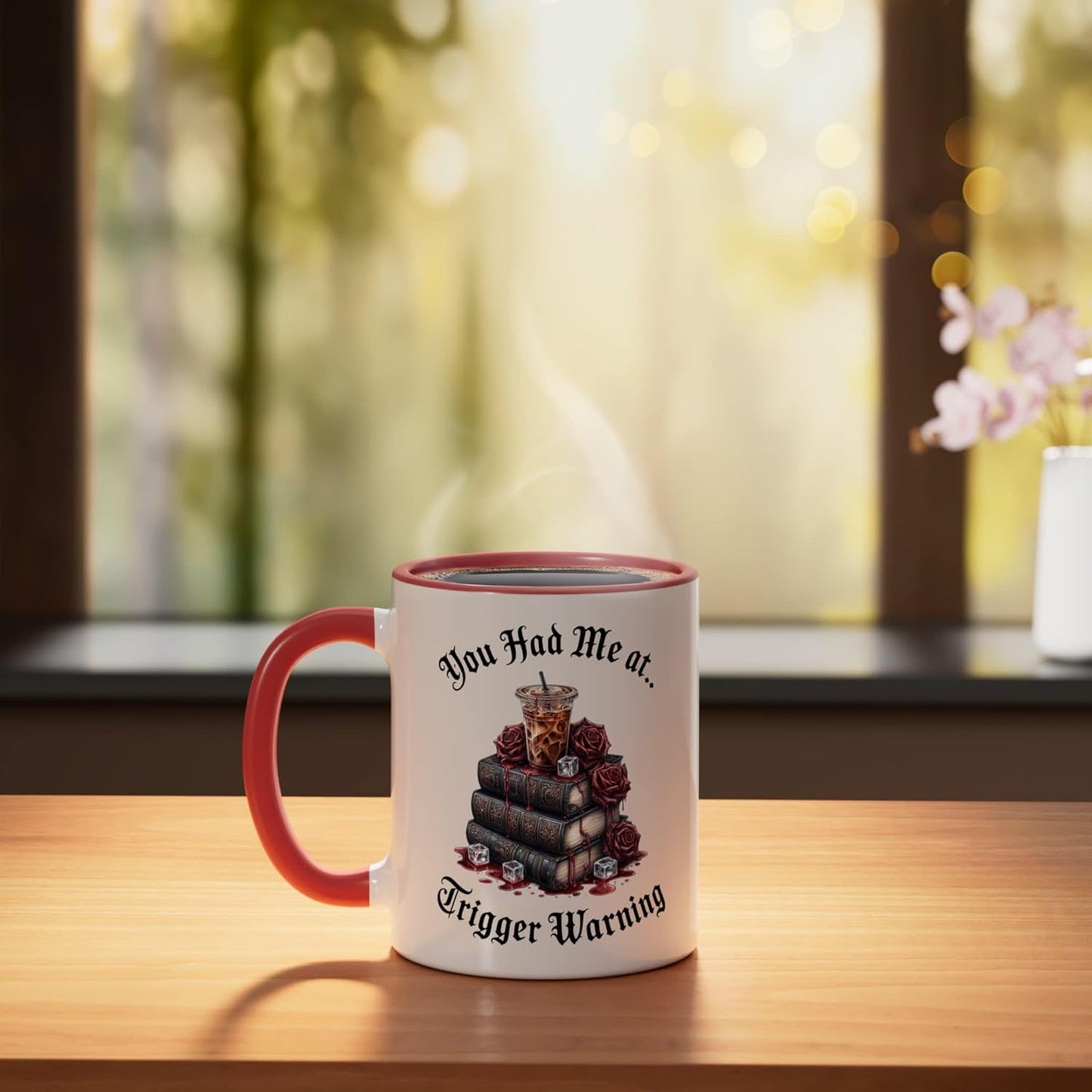 Taza de café cerámica para libro de romance oscuro con aviso de disparador