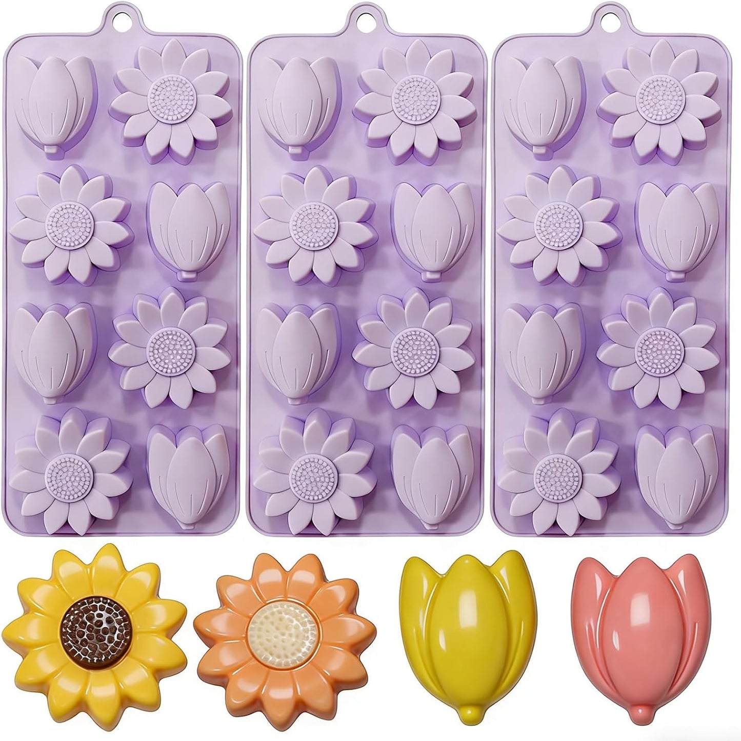 Moldes de silicona para cubos de hielo de flores y tulipán, paquete de 3