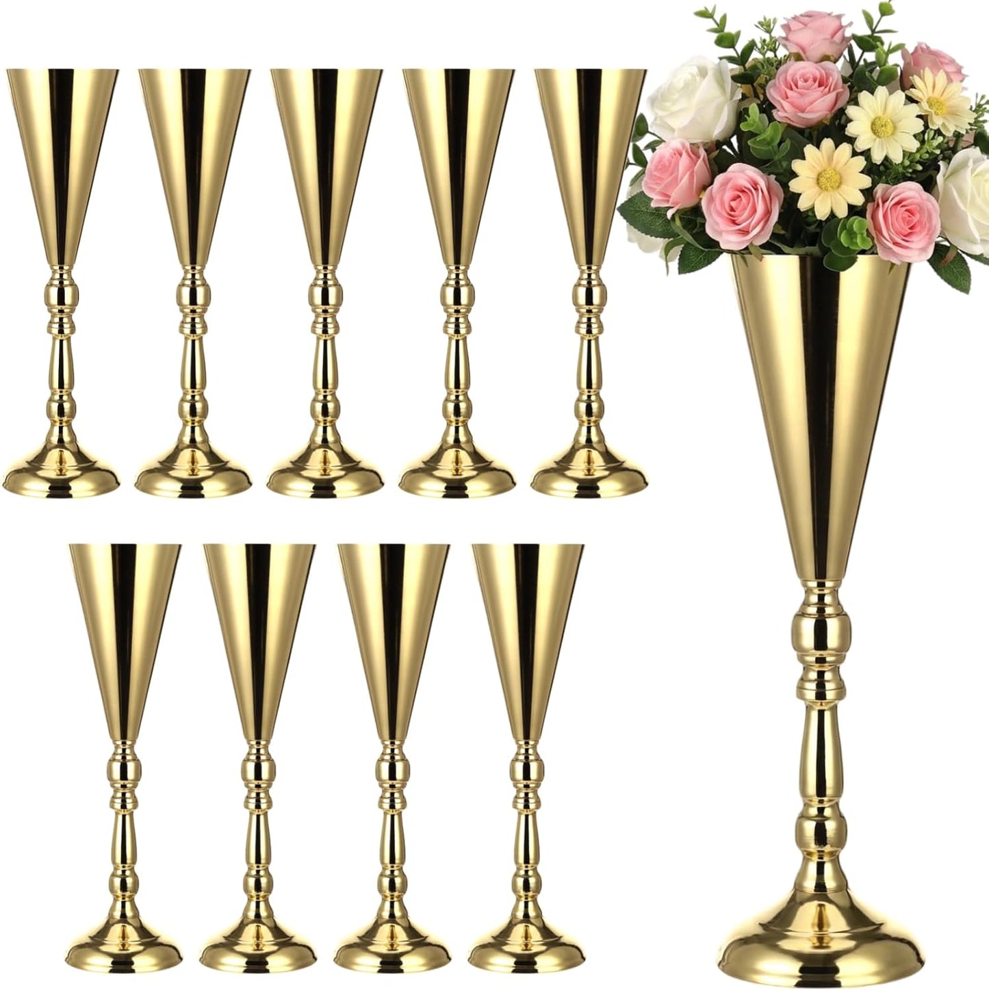 10 jarrones altos dorados para centros de mesa de boda y eventos