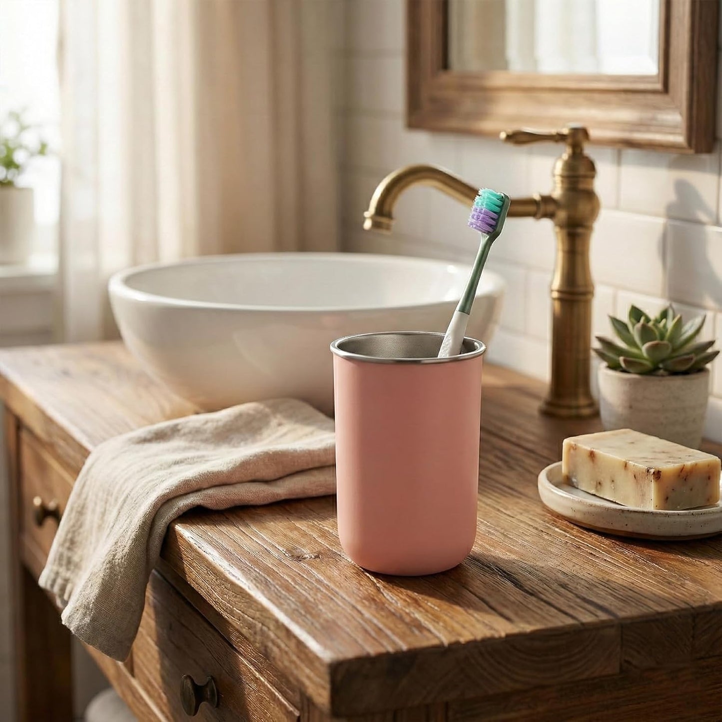 Vaso acero inox para lavado bucal 12oz rosa reutilizable