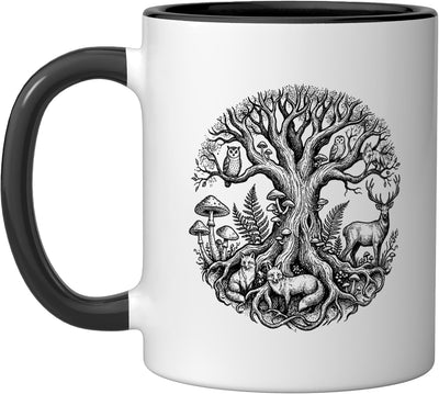 Taza cerámica Mystical Tree of Life animales bosque negro/blanco