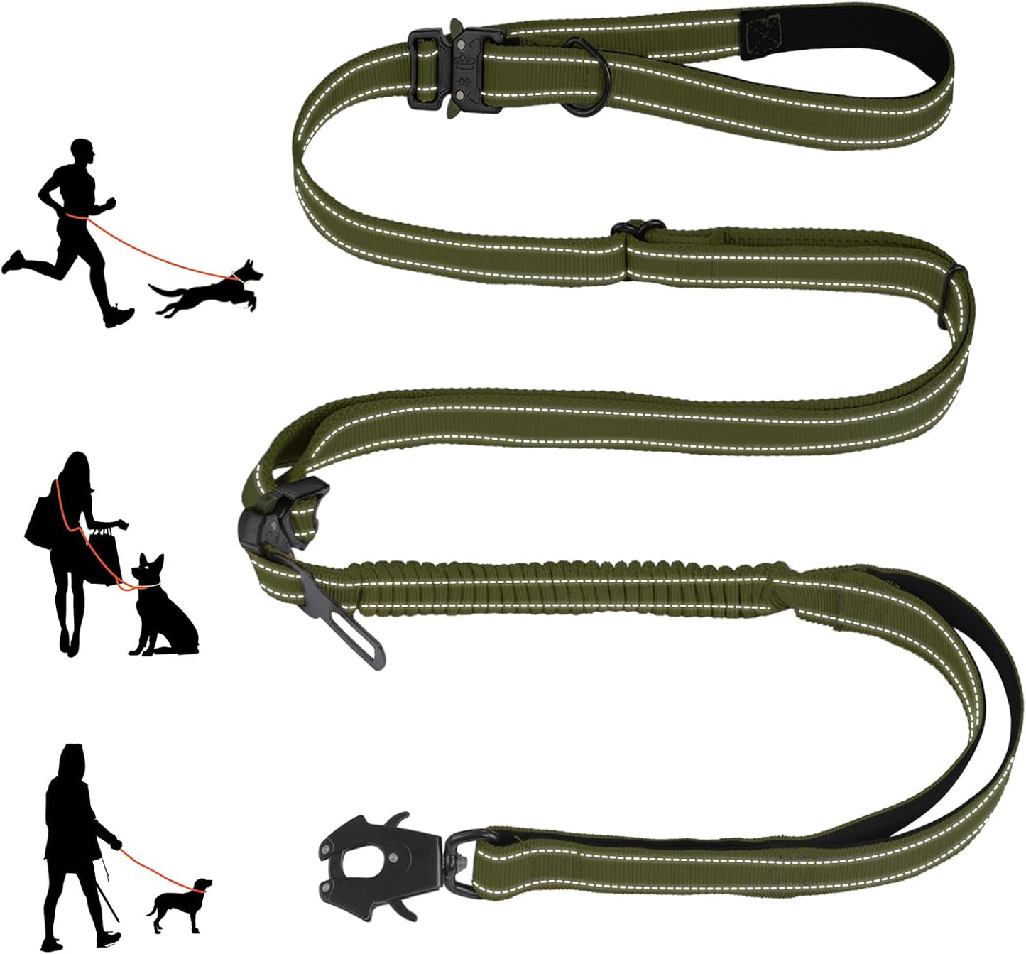 Correa táctica perro elástica 9.7ft con mango acolchado
