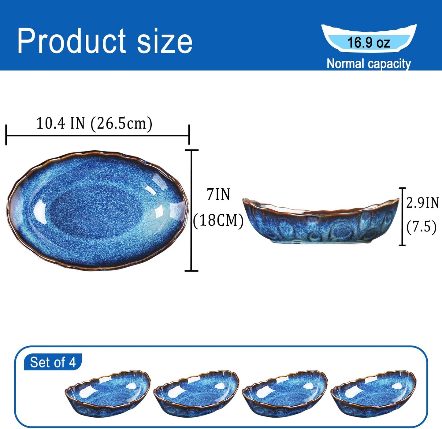 Set 4 Tazones Cerámica Ondulado Apto Microondas Azul