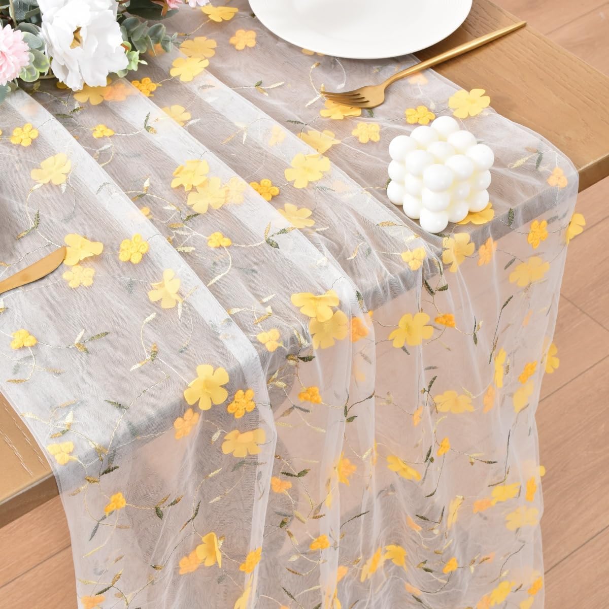 Camino de mesa Pascua floral bordado amarillo de 10 pies tul rústico
