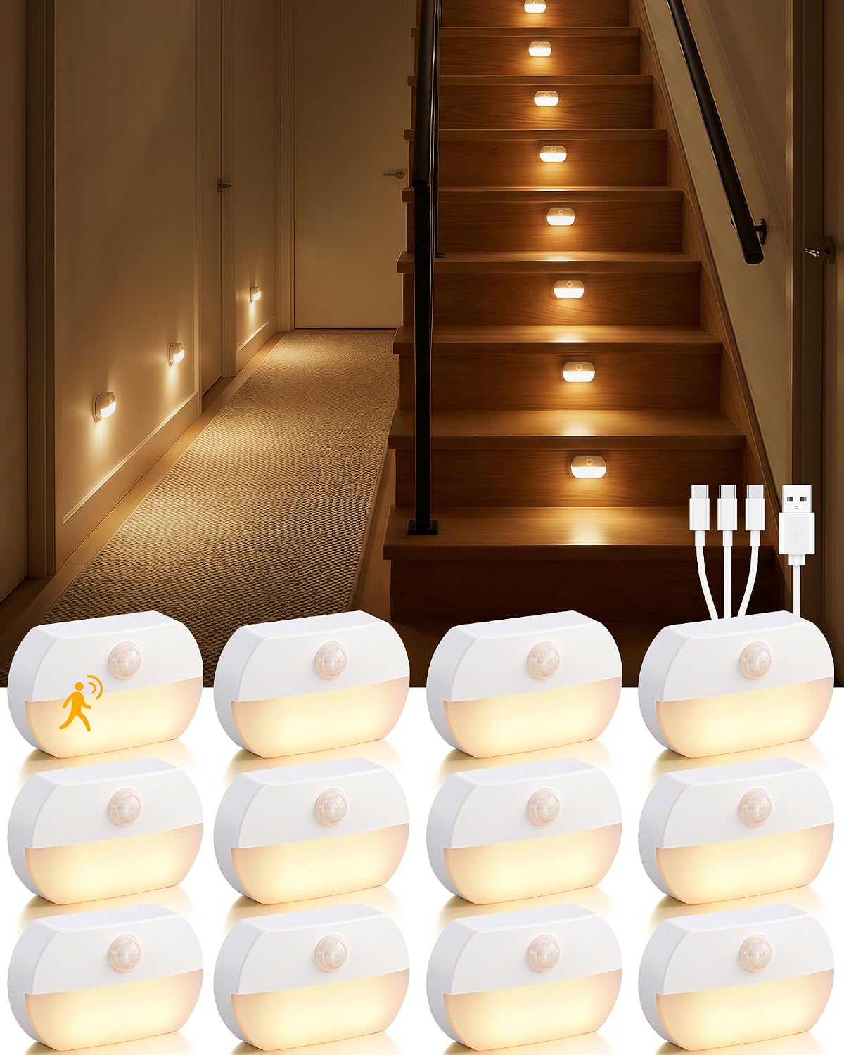 12 Luces LED Recargables Sensor Movimiento Escalera