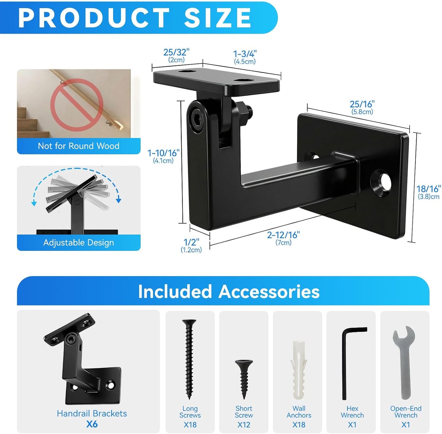 6 Soportes Barandilla Escalera Ajustables Negro Pared