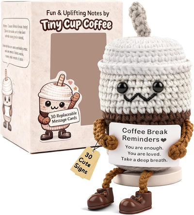 Taza de café de ganchillo positivo con tarjetas reemplazables y base de madera